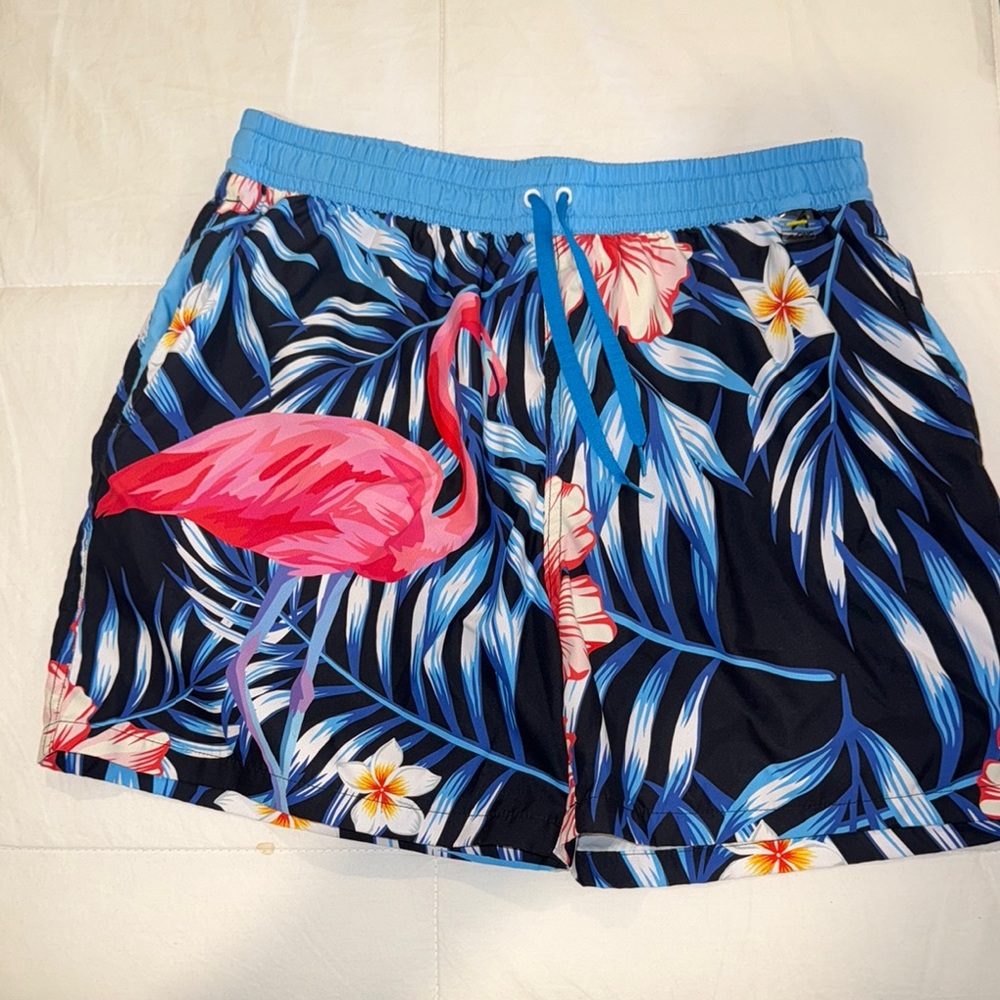 ALONG Men's Swim Hybrids - Black and Blue Floral with FLAMINGO
